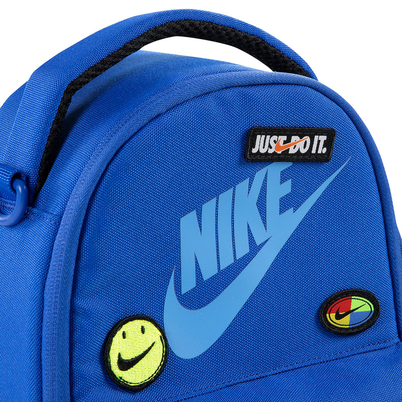 Blue lunch tote bag close-up with Just Do It Nike logo and smiley patch