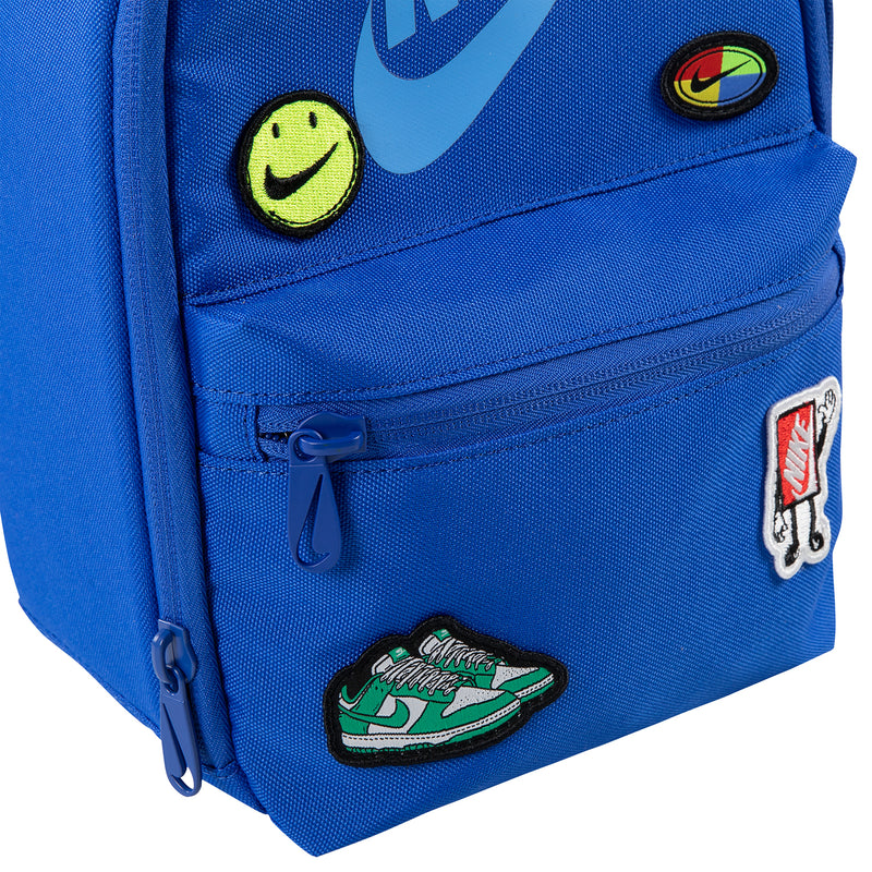 Blue lunch tote bag close-up with zip pocket and sneaker patch