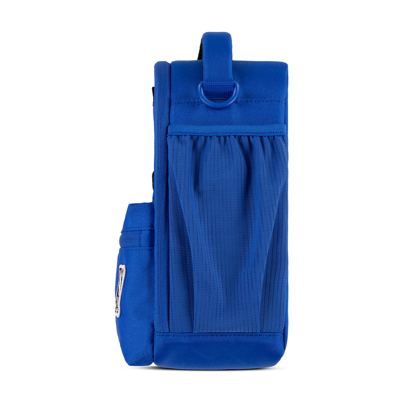 Blue insulated lunch tote bag with top carry strap and side panel pocket
