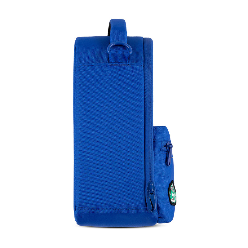 Blue lunch tote bag side view with vertical seam and small patch detail