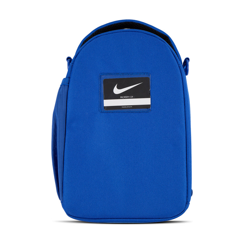 Blue lunch tote bag back view with Nike label patch near top