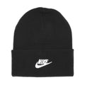 Black Nike knit beanie with folded cuff and white swoosh logo on the front.