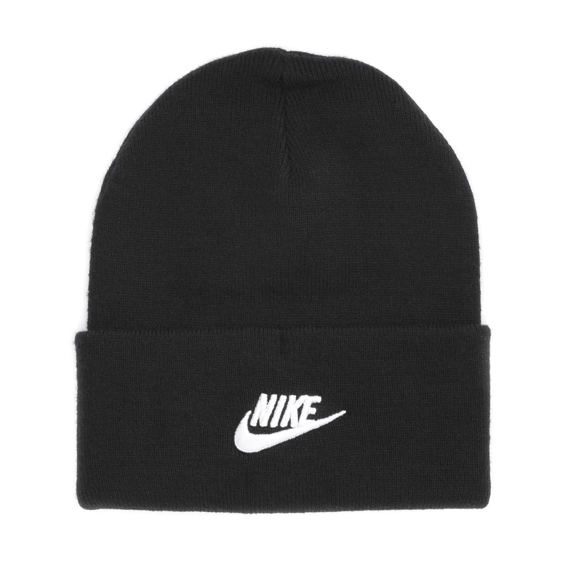 Black Nike knit beanie with folded cuff and white swoosh logo on the front.