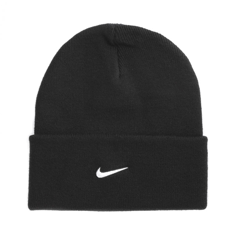 Black knit beanie with fold-up cuff and white Nike swoosh logo