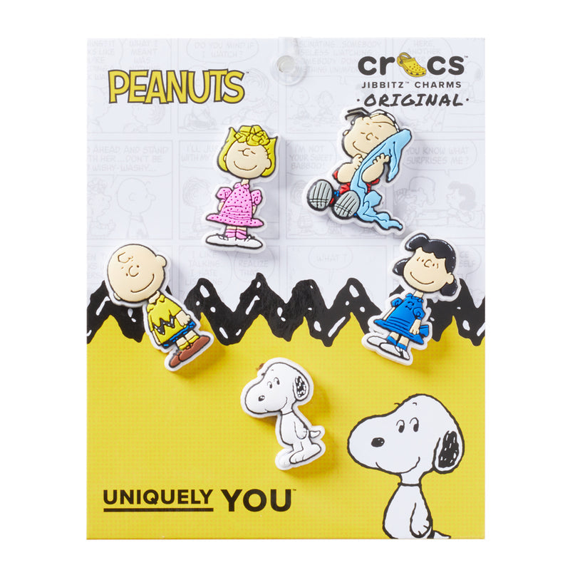Peanuts character Jibbitz charm pack with 5 colorful shoe charms on card
