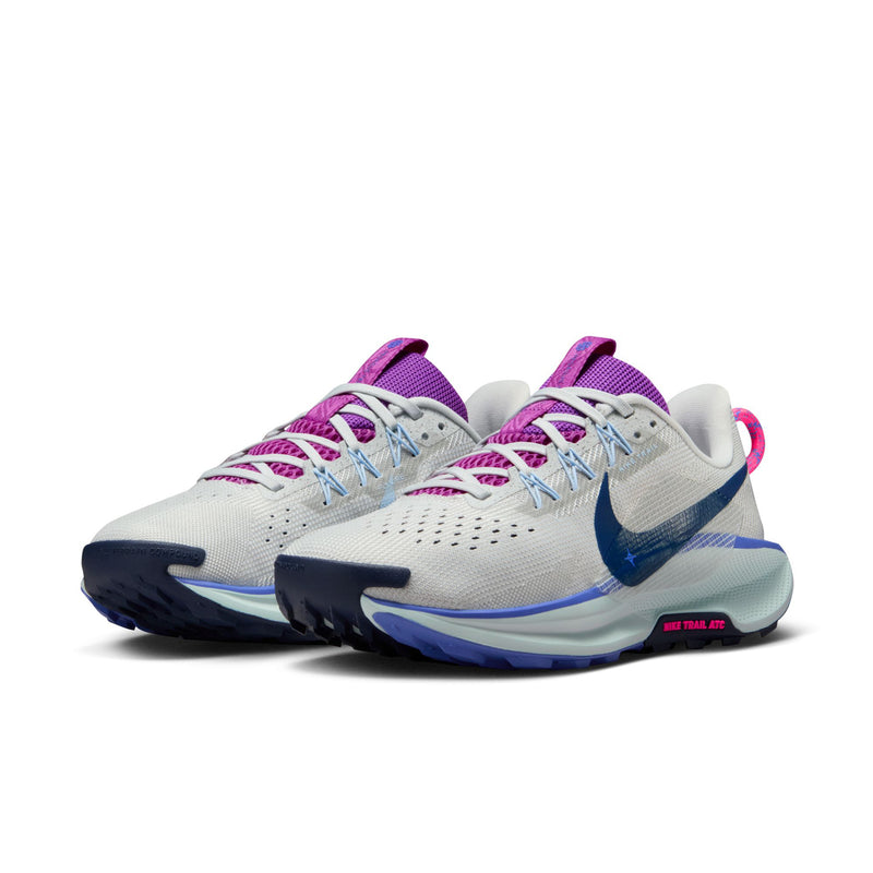 Women's trail running shoe, light gray upper with purple-pink laces and blue accents