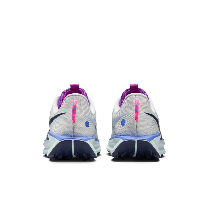 Women's trail running shoe heels, light gray with purple heel tab and blue accents