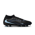 Black men’s high-top soccer cleat with light blue Nike swoosh and molded studs