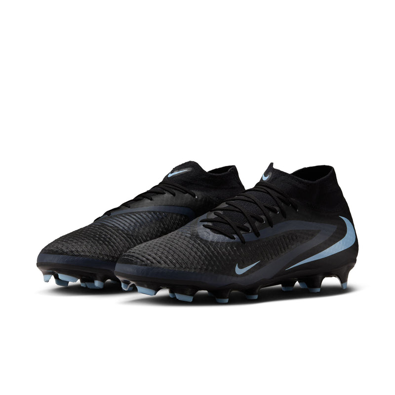 Black men’s soccer cleat with light blue accents, lace-up front, and studded sole