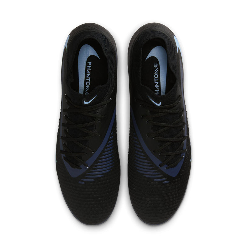 Pair of black soccer cleats with light blue Nike logo and lace-up upper