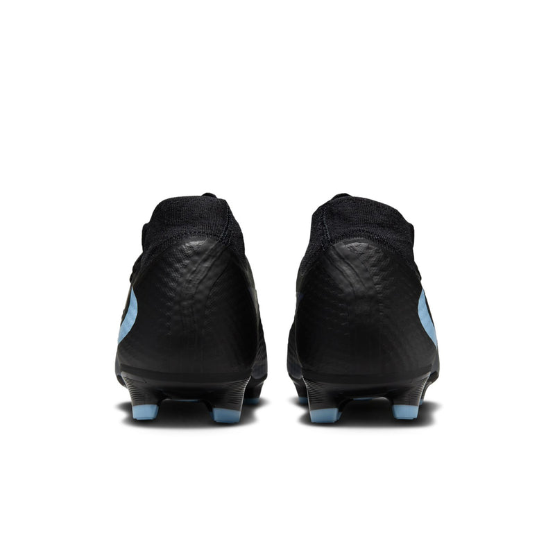 Back view of black soccer cleats with light blue heel accents and molded studs