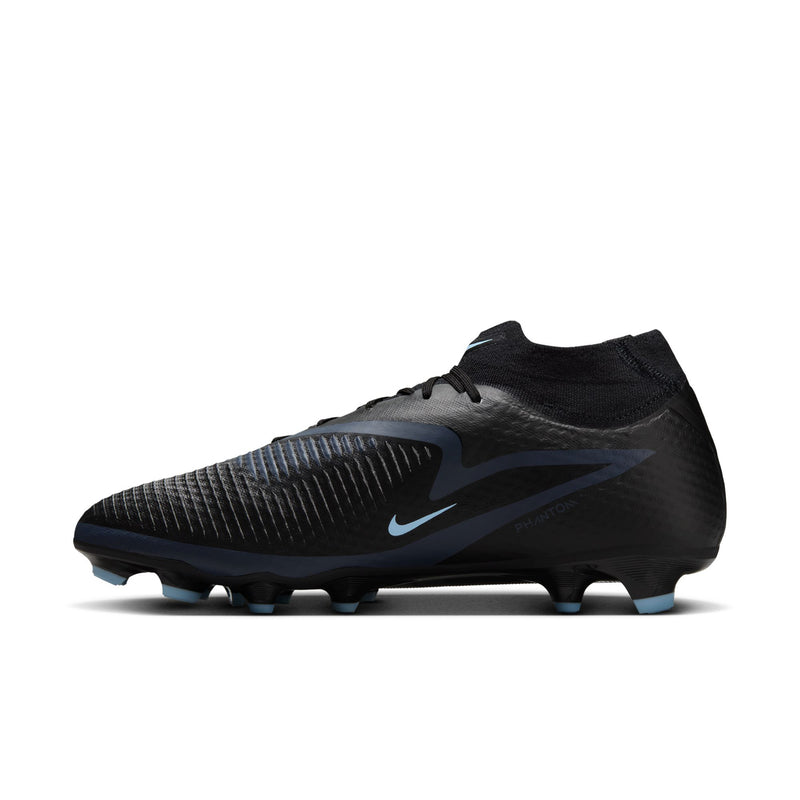 Black high-top soccer cleat with light blue Nike swoosh and patterned forefoot
