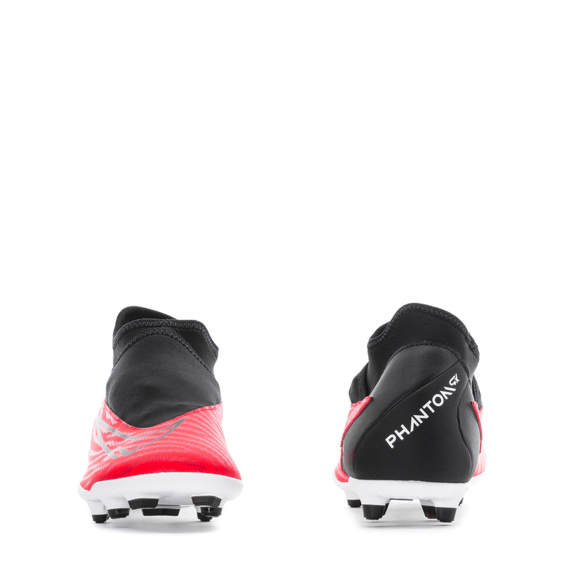 Men's black and red soccer cleat, heel and back view with white studs
