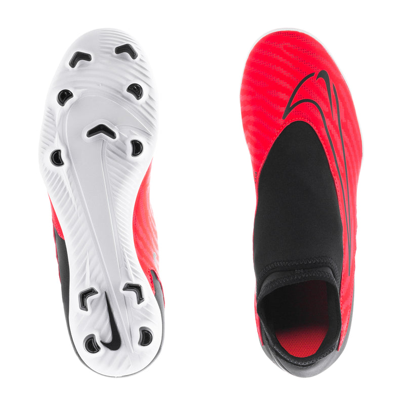 Men's soccer cleat outsole and side view, white traction studs with red detailing