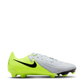 Men's FG soccer cleat in metallic silver with volt green and black accents, lace-up.