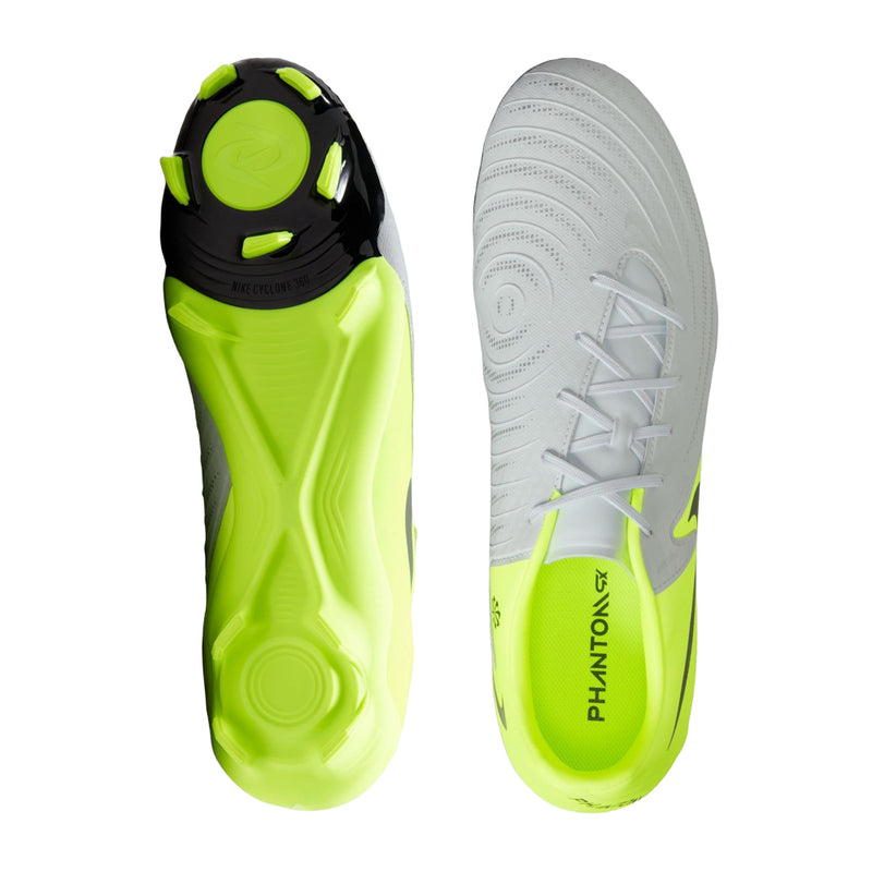 Men's FG soccer cleat outsole and insole views, volt green base and metallic silver top.