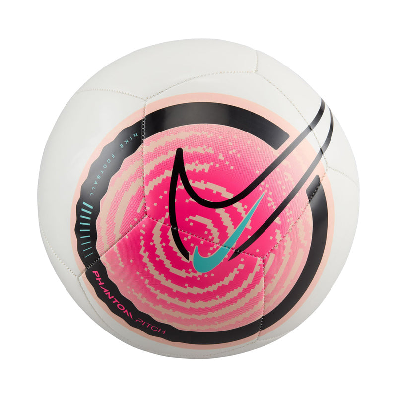 White soccer ball with pink digital graphic, black Nike swoosh, 'Phantom Pitch' text