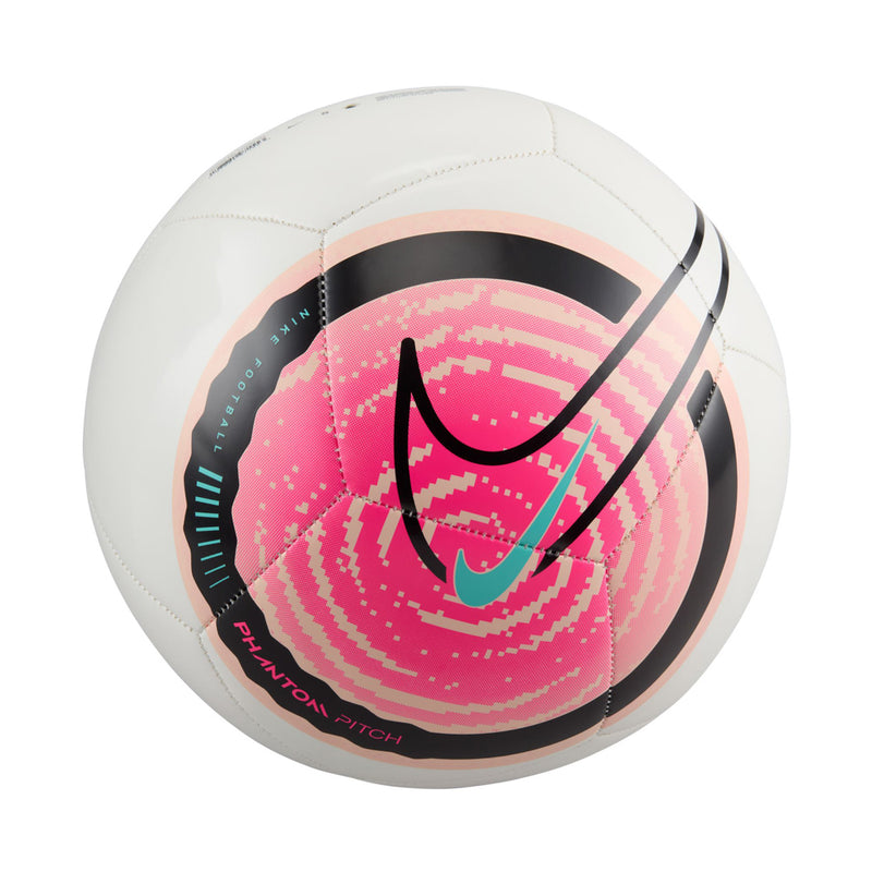 White soccer ball with pink spiral graphic, black Nike swoosh, 'Phantom Pitch' marking