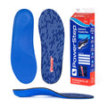 Blue shoe insole with Pinnacle Plus Met branding and a Powerstep branded box on a white background.