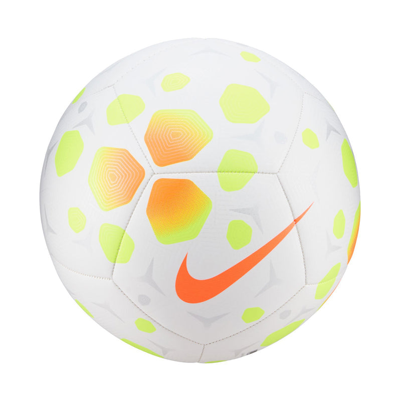 White pitch soccer ball with neon green and orange hexagon graphics, Nike swoosh