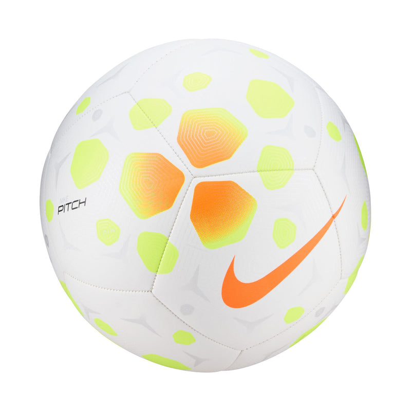 White pitch soccer ball with PITCH text, neon green and orange hexagons, Nike swoosh