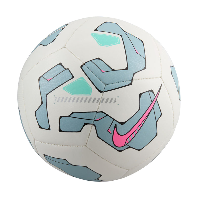 White Nike Pitch training soccer ball with aqua insets, blue panels, and pink swoosh