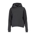 Women's black fleece hoodie with pullover hood and long sleeves, front view