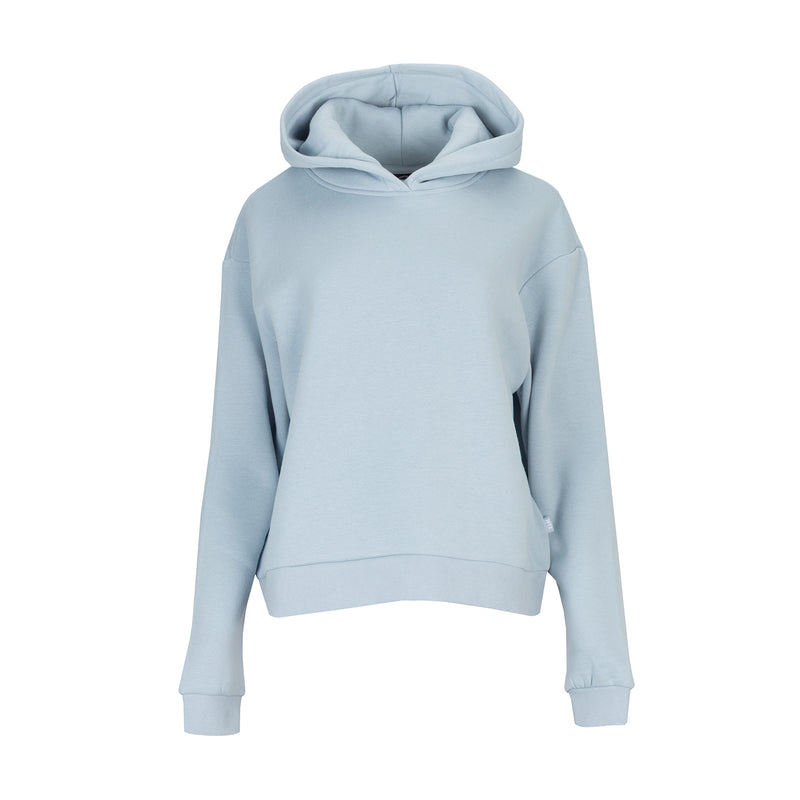 Women’s fleece hoodie in light blue-gray, pullover hood and kangaroo pocket