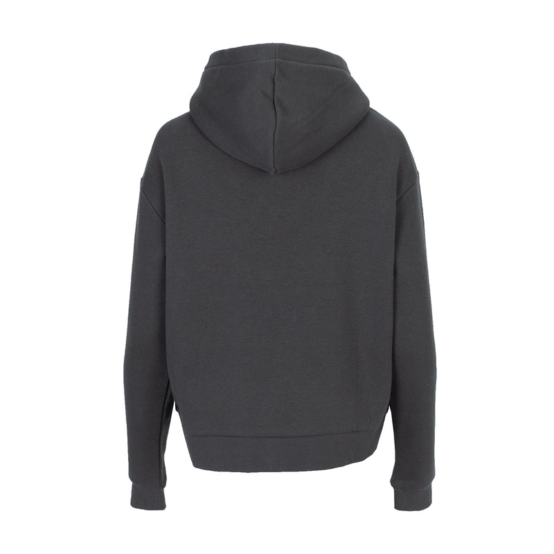 Women's black fleece hoodie with pullover hood and long sleeves, back view