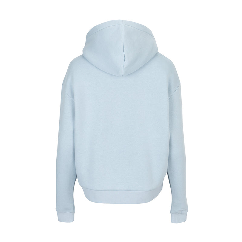 Light blue-gray fleece hoodie, back view with hood and full-length sleeves