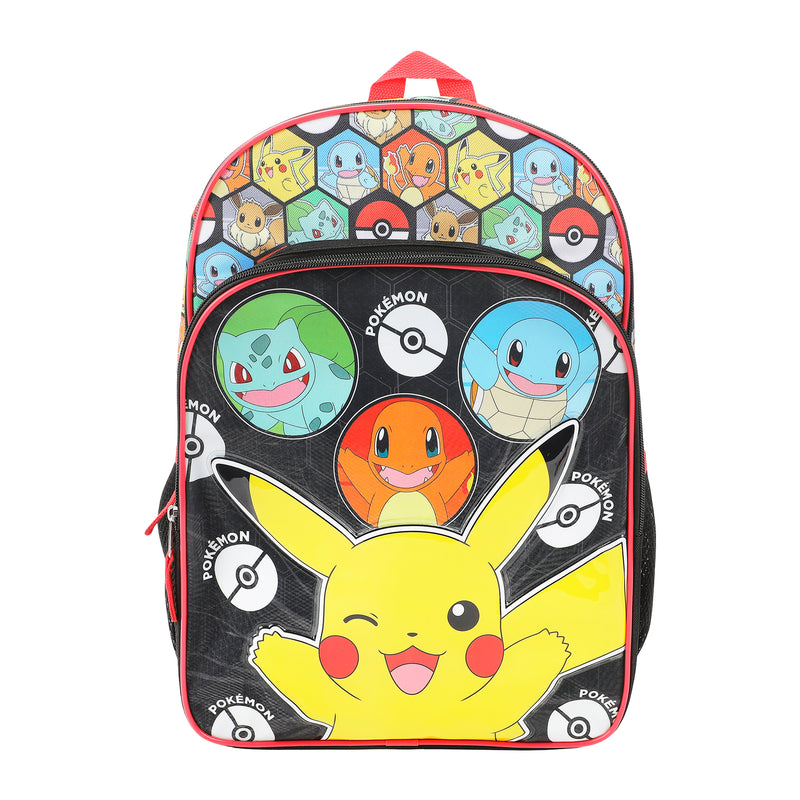 Black and red character graphic backpack with front zipper and side mesh pocket