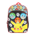 Black and red character graphic backpack with front zipper and side mesh pocket