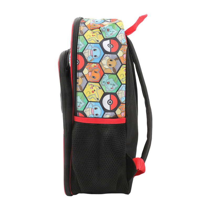 Black and multicolor character patterned backpack with side handle and mesh panel