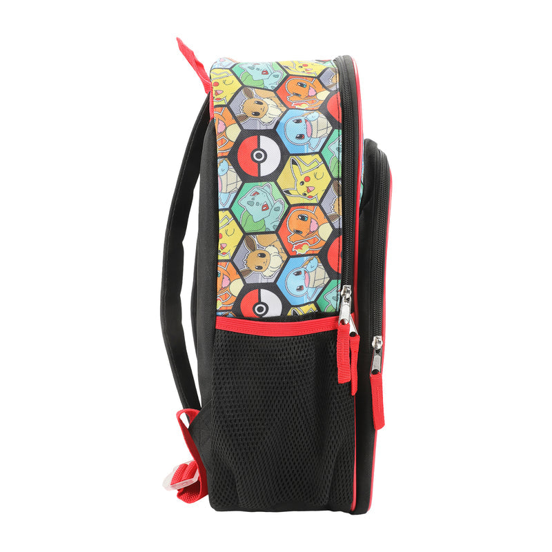Black and multicolor character graphic backpack with side zipper and red pull tab