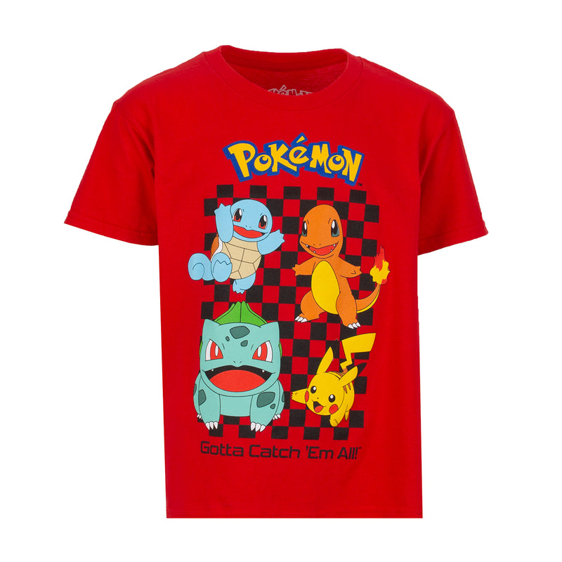 Red youth Pokemon T-shirt with group character graphic