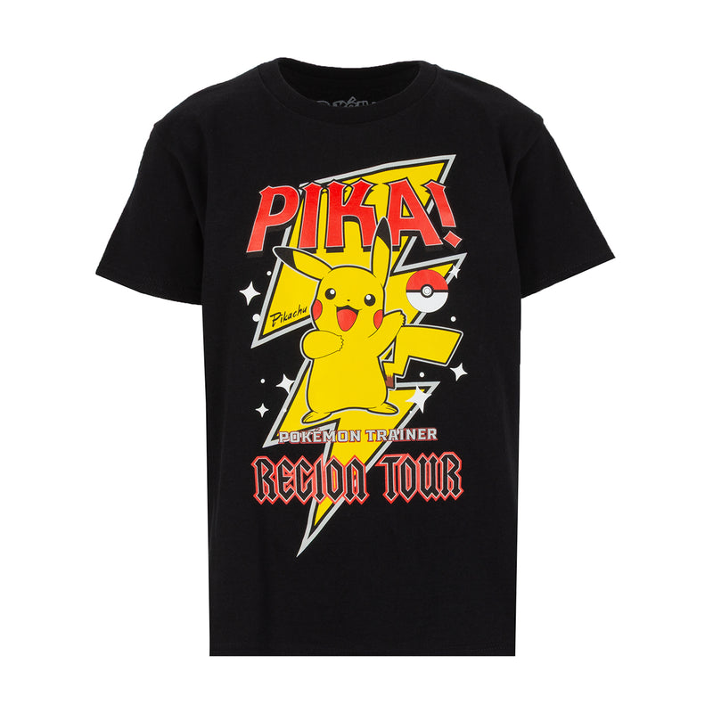Youth black Pokemon Pika Tour T-shirt with Pikachu graphic and Pika! Region Tour text