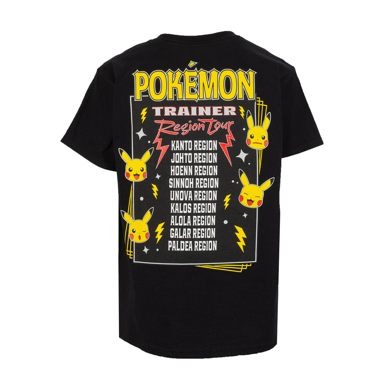 Youth black Pokemon tee, back graphic with Pikachu faces and region list