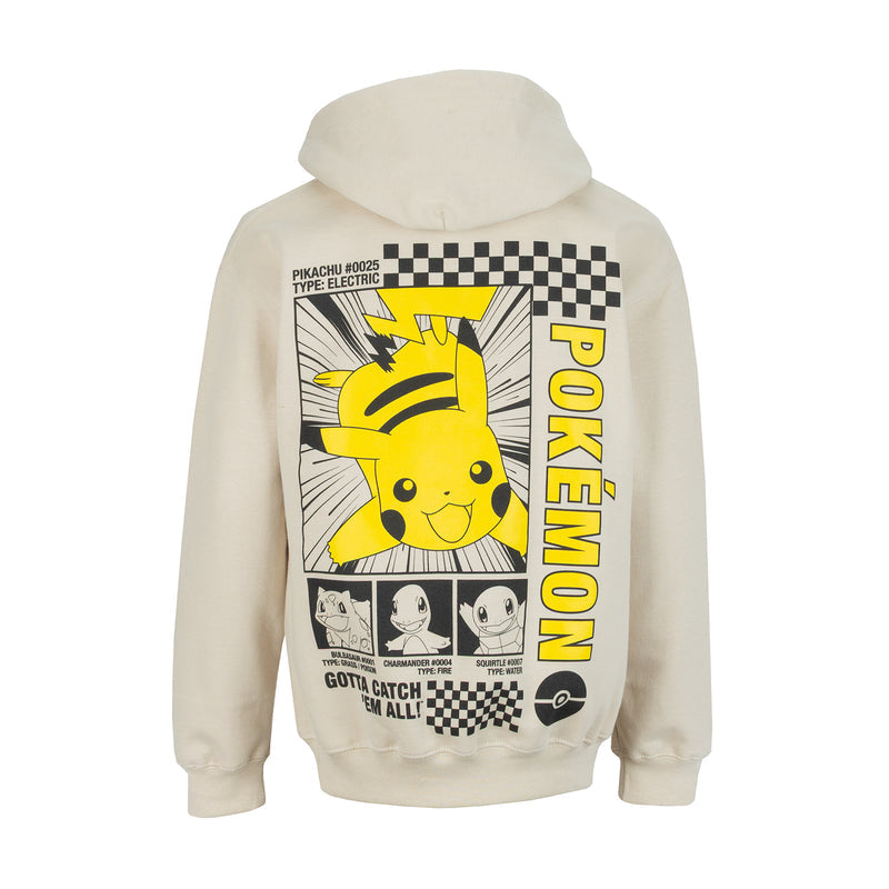 Youth sand hoodie with large Pikachu back graphic and vertical POKEMON text