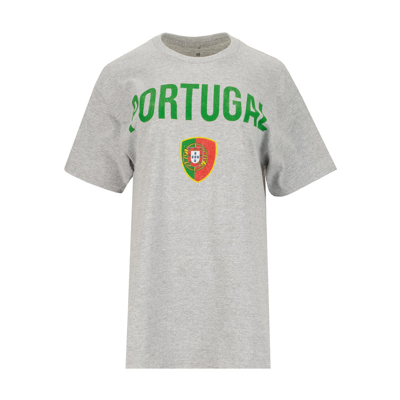 Heather gray unisex T-shirt with green Portugal logo and crest on front