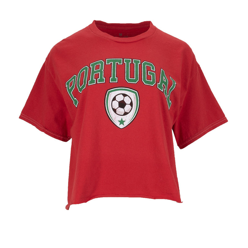 Women's boxy red T-shirt with Portugal crest and soccer ball graphic