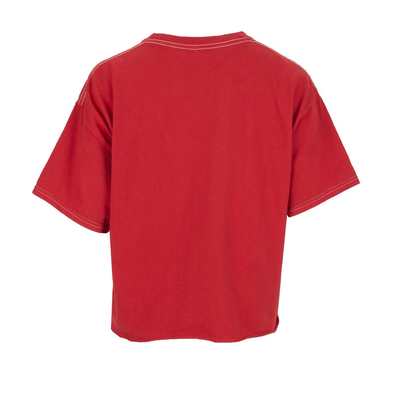 Women's boxy red T-shirt back view, plain design