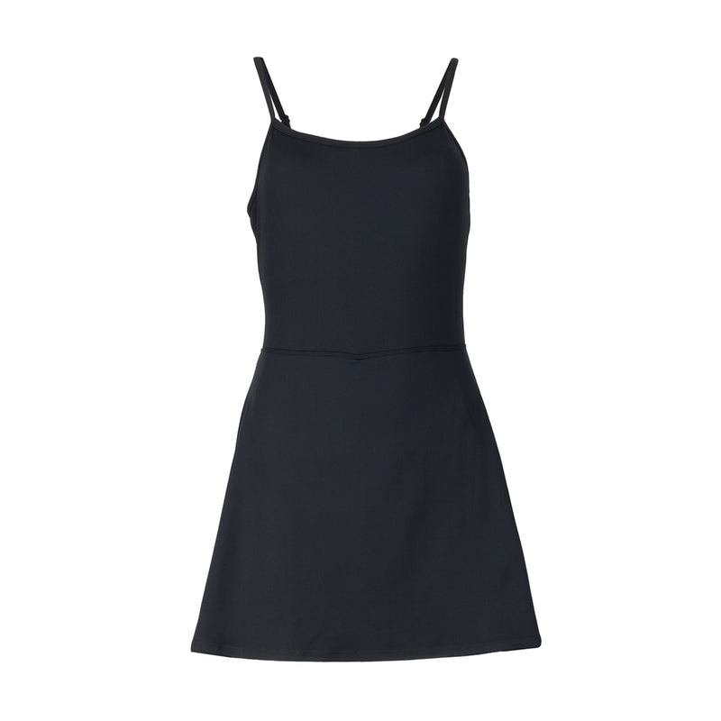 Black A-line dress with spaghetti straps and scoop neckline