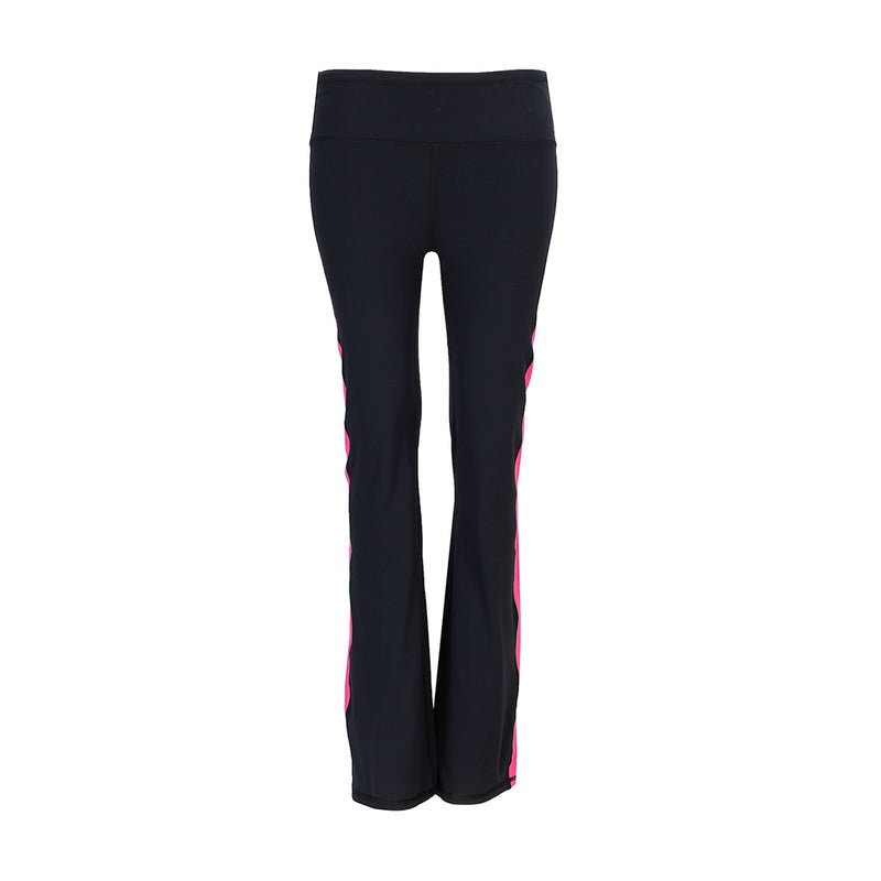 Women’s black flare leggings with pink side colorblock panels