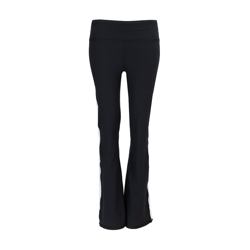 Womens black flare leggings with vertical white side stripe