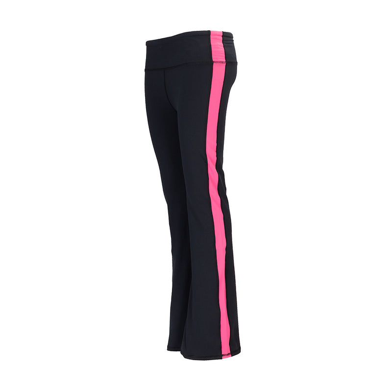 Women’s black flare leggings with vertical pink stripe along side