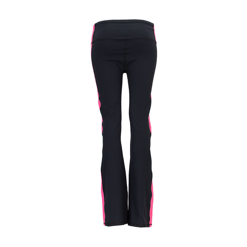 Women’s black flare leggings with pink colorblock at back calves