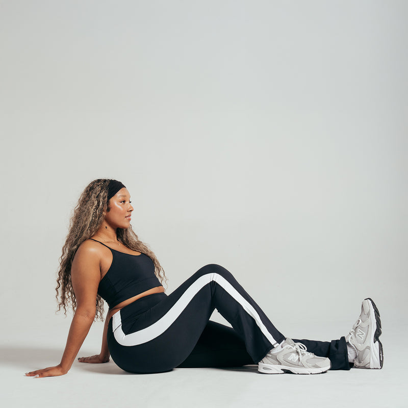 Black and white side-stripe flare leggings, full length