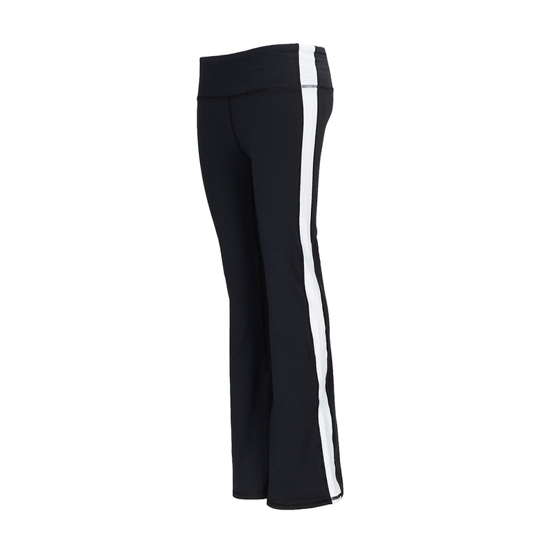 Back view womens black flare leggings with vertical white stripe