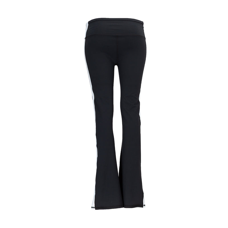 Black flare leggings with white side stripe, back view
