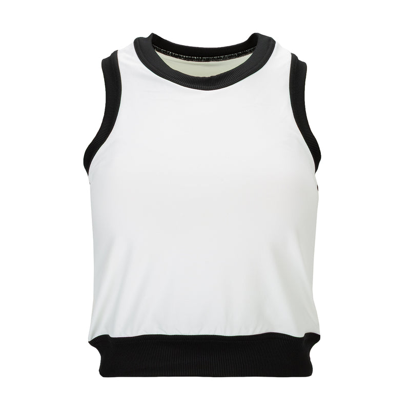 White and black colorblock womens sport tank top with black ribbed crew neck